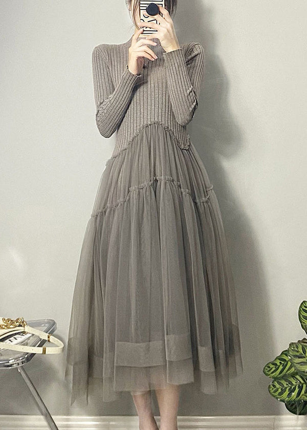 Luna Grey Asymmetric Tulle Maxi Dress