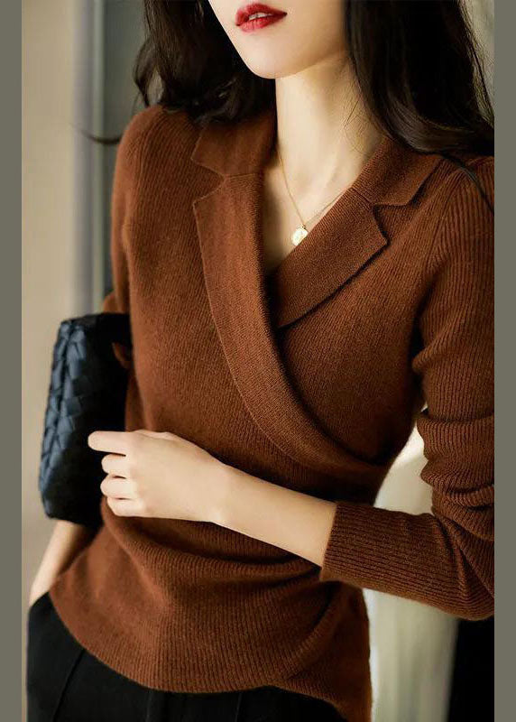 Elegant Caramel Asymmetric Peter Pan Collar Sweater – Winter