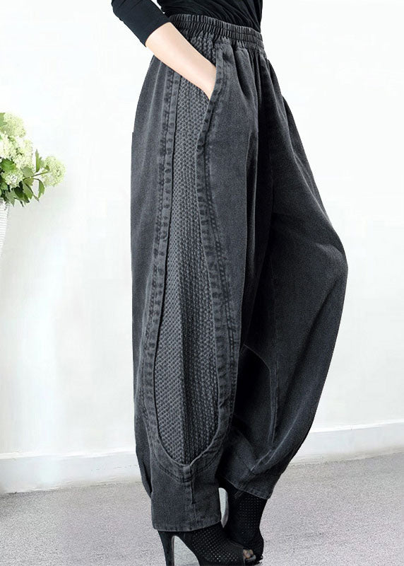 Grey Patchwork Denim Harem Pants with Pockets – Plus Size Autumn