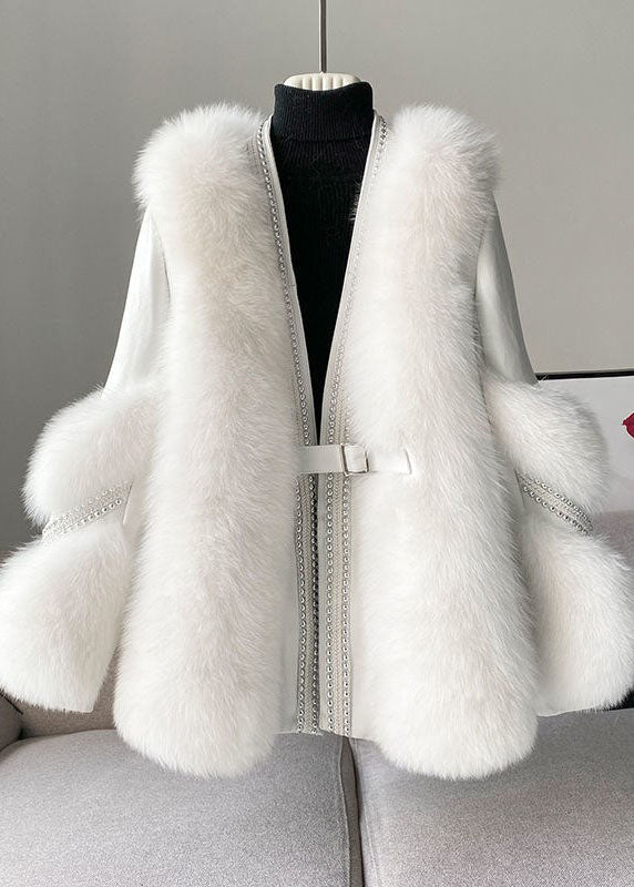 White V-Neck Patchwork Mink Fur Coat – Winter Style